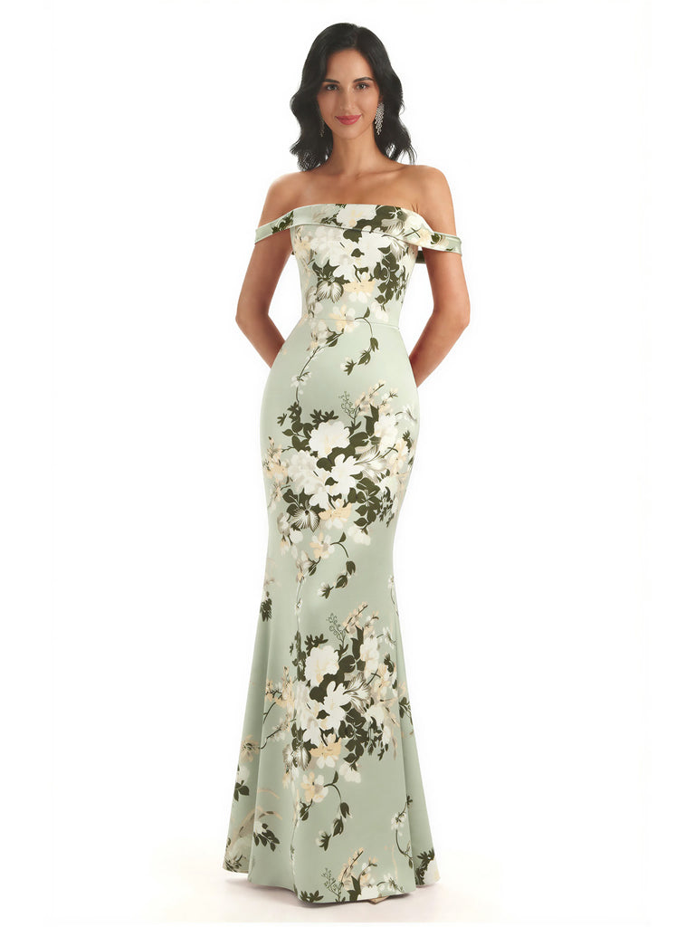 Trendy Off Shoulder Mermaid Floral Satin Maxi Floral Evening Formal Dresses