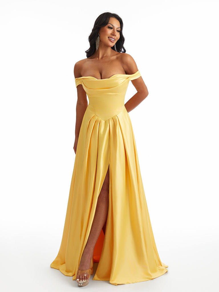 Sexy Off The Shoulder A-Line Stretch Satin Ruched Long Bridesmaid Dresses