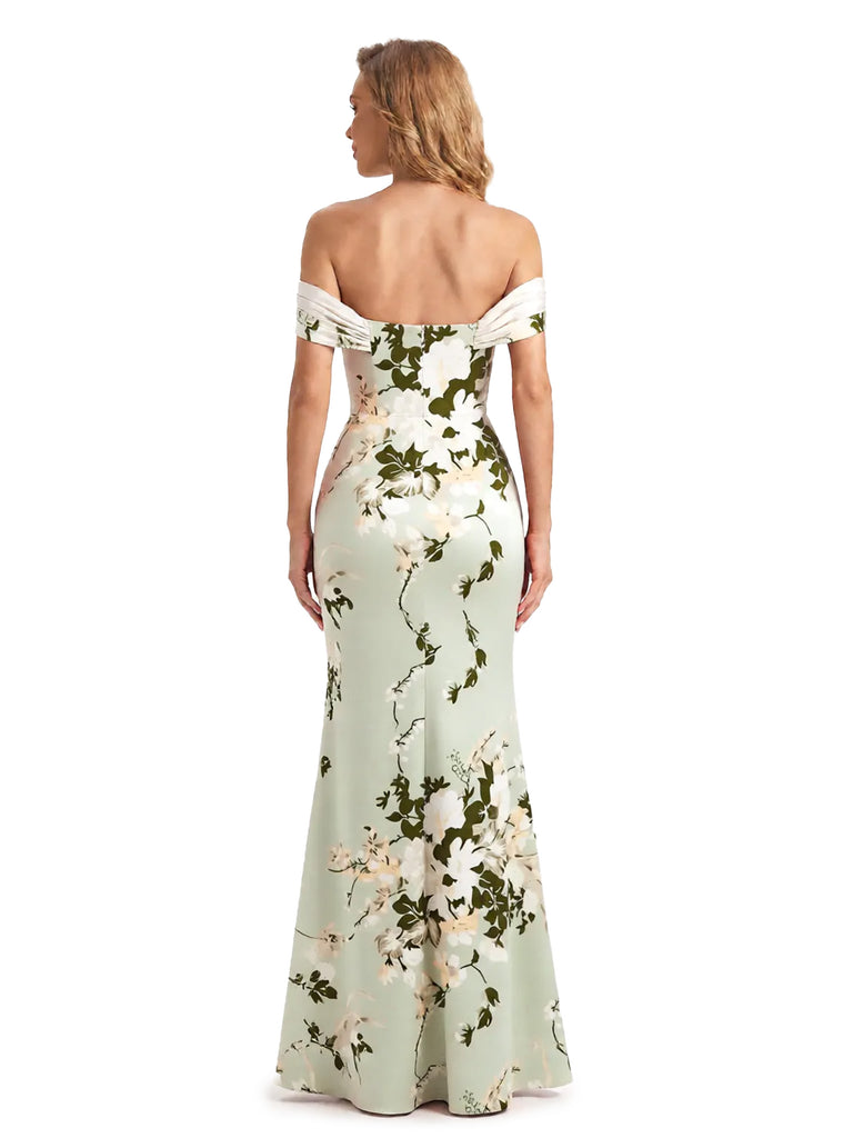 Trendy Off Shoulder Side Slit Mermaid Long Satin Floral Formal Evening Dresses For Ladies