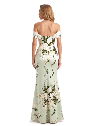 Trendy Off Shoulder Side Slit Mermaid Long Satin Floral Formal Evening Dresses For Ladies