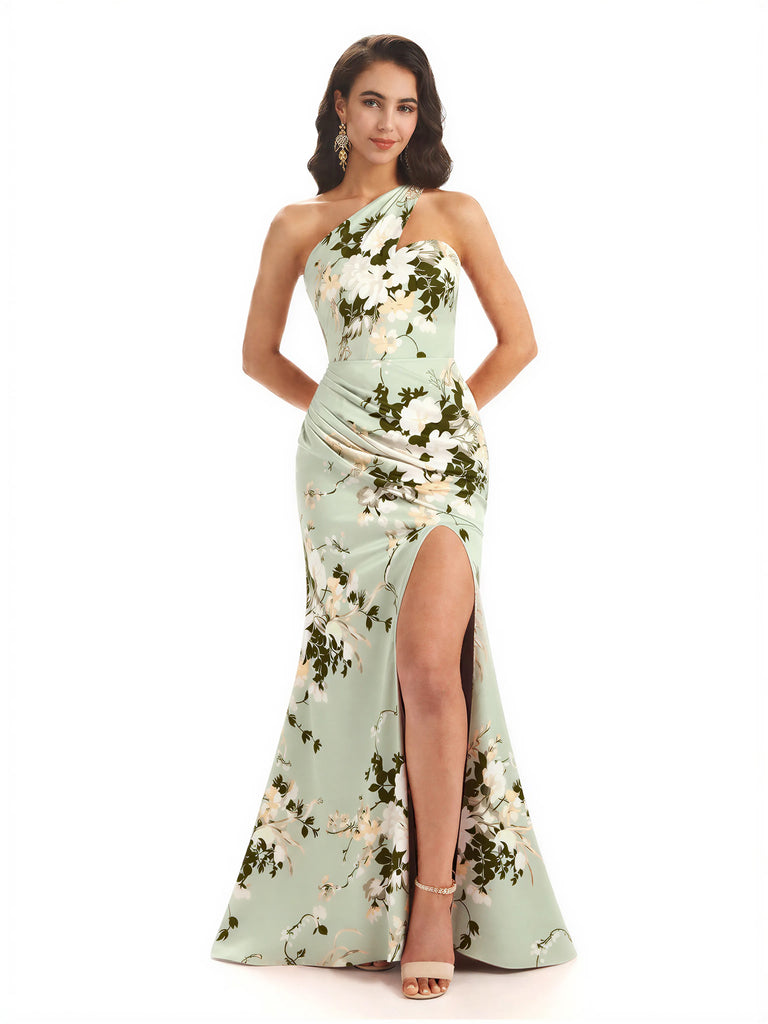 Sexy One Shoulder Side Slit Mermaid Satin Floral Formal Dresses For Women