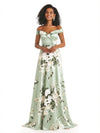 Trendy Off Shoulder A-Line Long Floral Satin Women Formal Evening Dresses