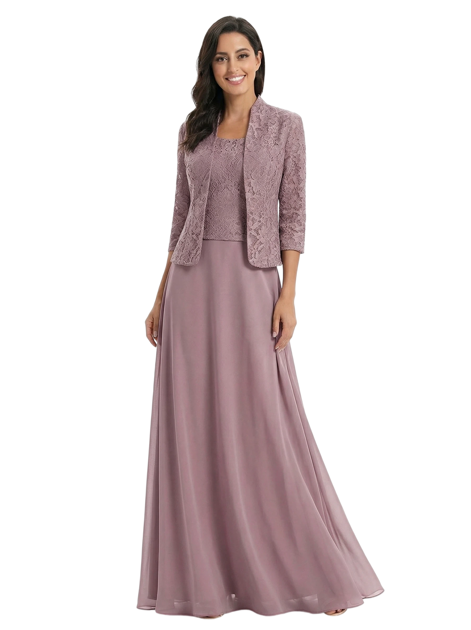 Chicsew Square Lace Chiffon Mother Of The Bride Maxi Gown 3/4 Sleeves Jacket Formal Mother Of The Bride Gowns