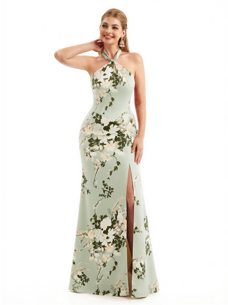 Beautiful Halter Side Slit Mermaid Floral Satin Maxi Floral Formal Dresses For Women