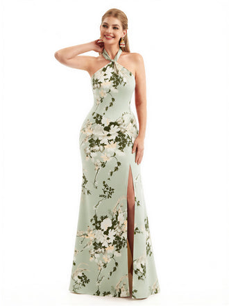 Beautiful Halter Side Slit Mermaid Floral Satin Maxi Floral Formal Dresses For Women