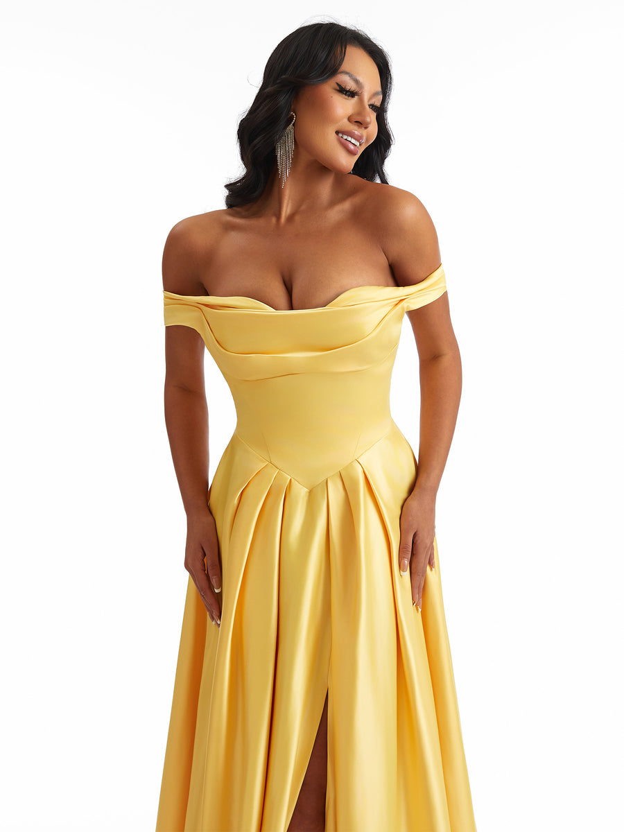 Sexy Off The Shoulder A-Line Stretch Satin Ruched Long Bridesmaid Dresses