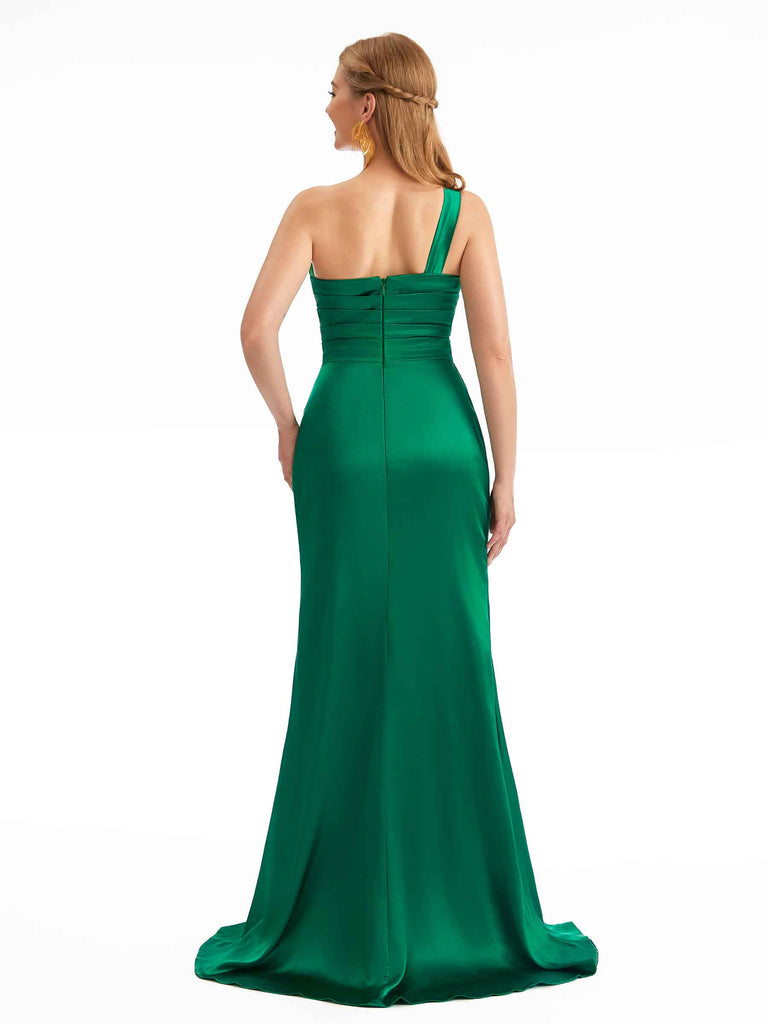 Modern One Shoulder Mermaid Silky Satin Side Split Long Bridesmaid Dresses Online