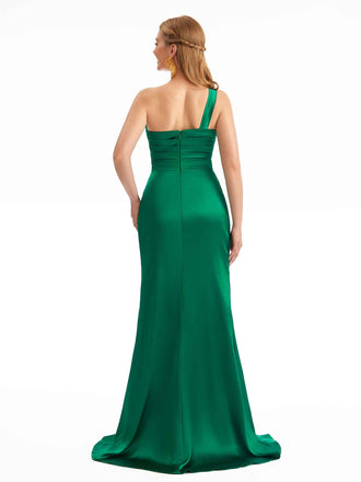 Modern One Shoulder Mermaid Silky Satin Side Split Long Wedding Guest Dresses