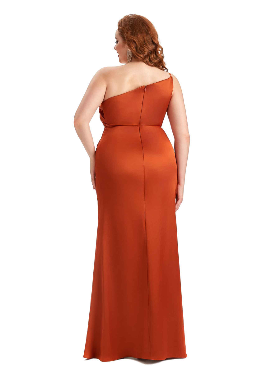 Plus Size Sexy Side Slit One Shoulder Mermaid Soft Satin Long Maid of Honour Dresses