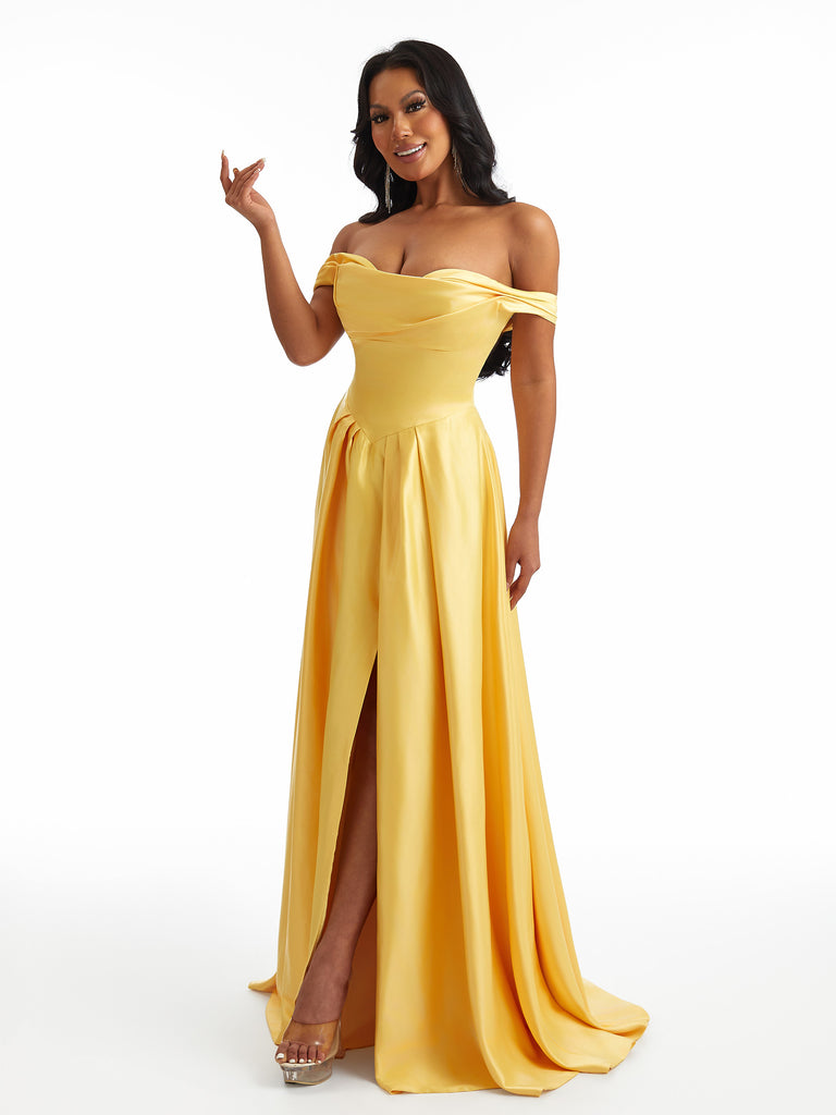 Sexy Off The Shoulder A-Line Stretch Satin Ruched Long Bridesmaid Dresses