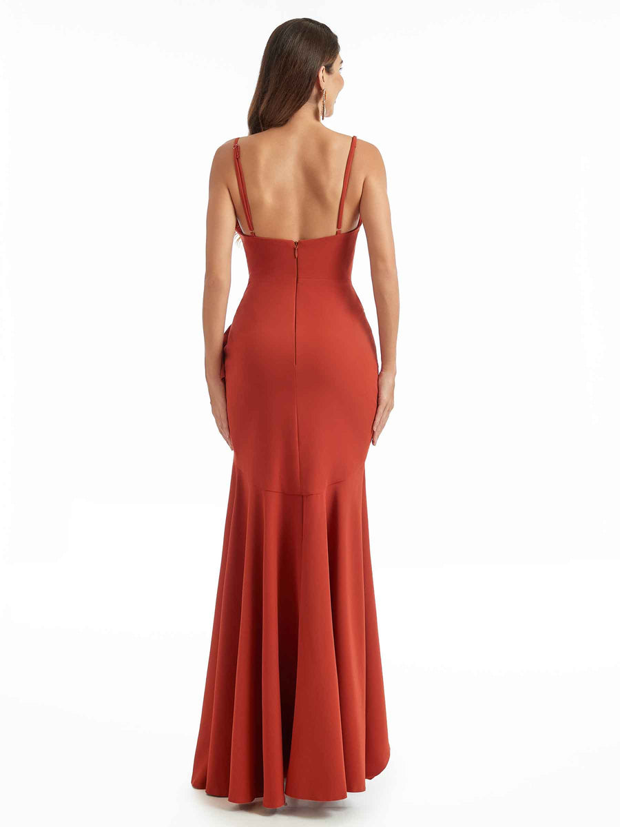 Sexy Side Split Mermaid Spaghetti Straps Stretch Crepe High-Low Bridesmaid Dresses Online