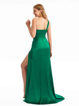 Champagne Mermaid One Shoulder Satin Bridesmaid Dresses