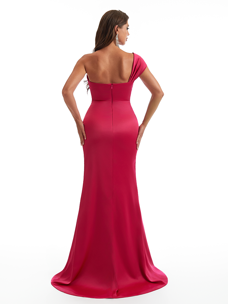 Sexy One Shoulder Side Slit Mermaid Soft Satin Long Bridesmaid Dresses Online