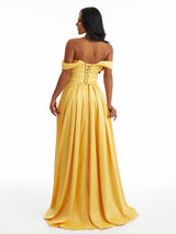 Sexy Off The Shoulder A-Line Stretch Satin Ruched Long Bridesmaid Dresses