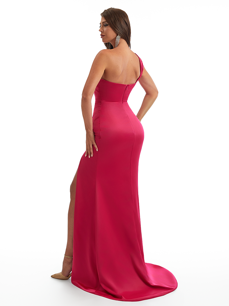 Sexy One Shoulder Side Slit Mermaid Soft Satin Long Bridesmaid Dresses Online