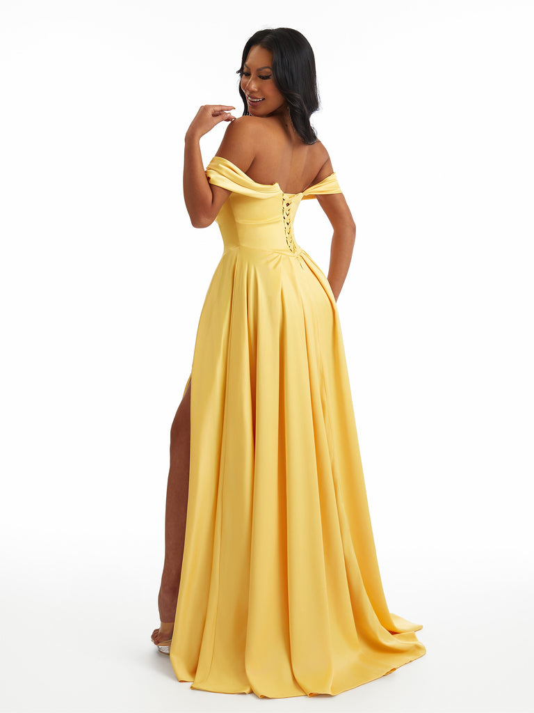 Sexy Off The Shoulder A-Line Stretch Satin Ruched Long Bridesmaid Dresses