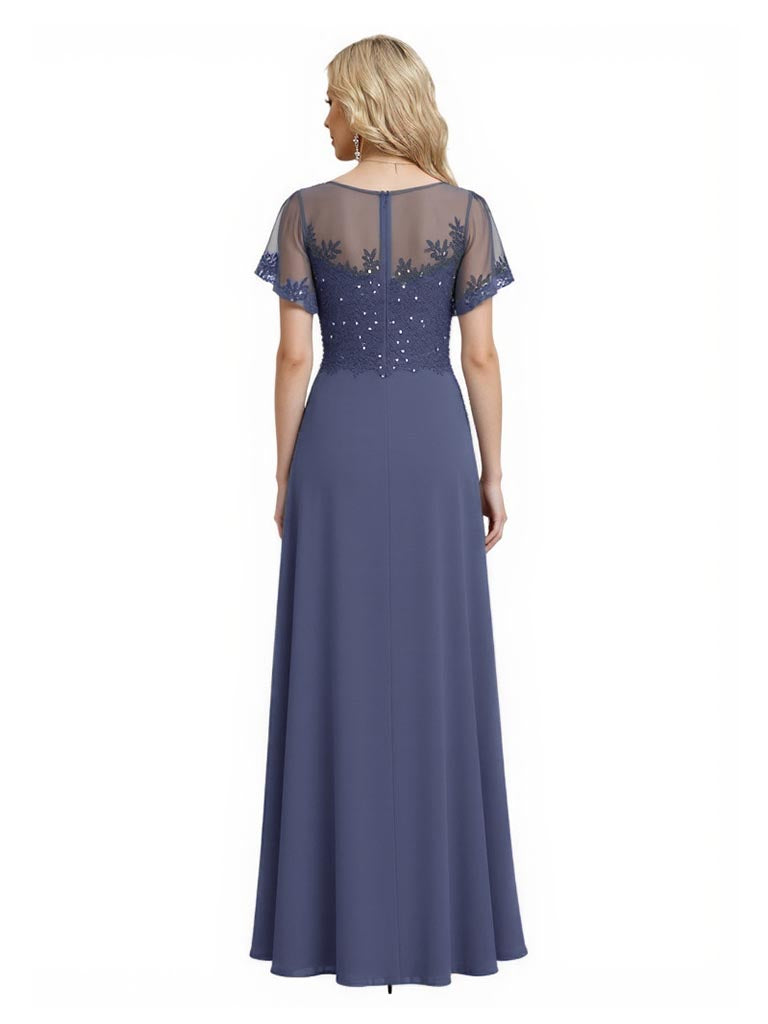 Elegant Square Short Sleeves Lace Applique Chiffon A-Line Mother Of The Bride Dresses