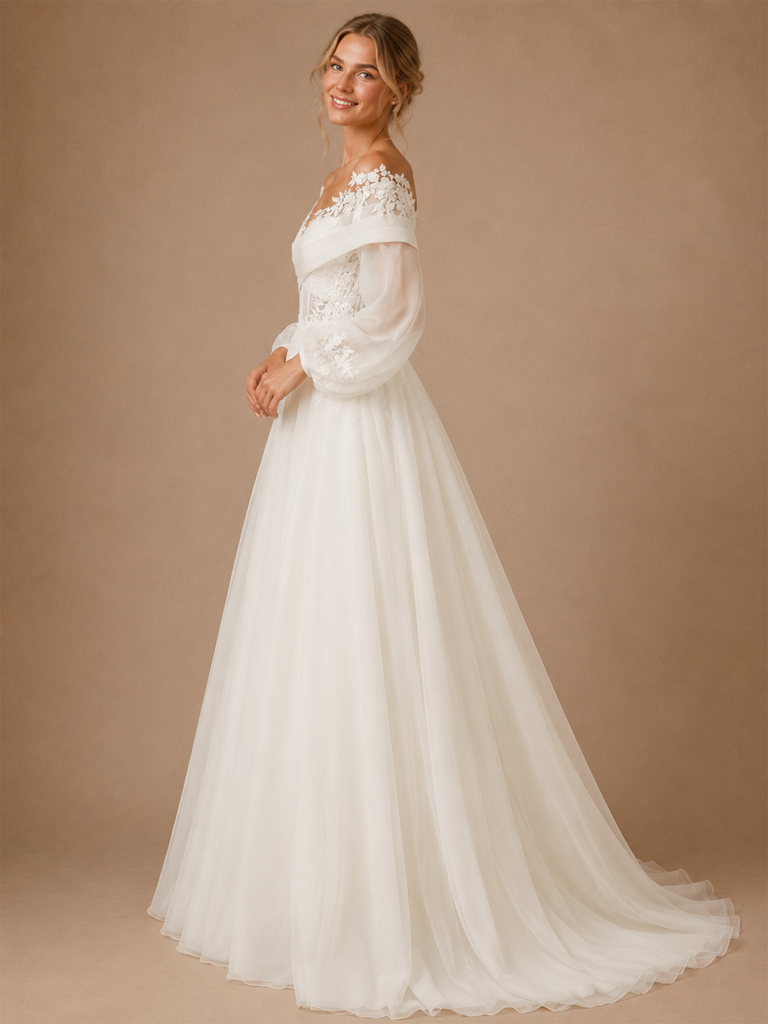 ChicSew Unique Beautiful Off The Shoulder Long Sleeves A-Line Boning Lace Tulle Maxi Wedding Dresses