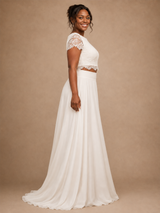ChicSew Elegant Two Piece A-Line Bateau Short Sleeves Lace Chiffon Maxi Wedding Dress