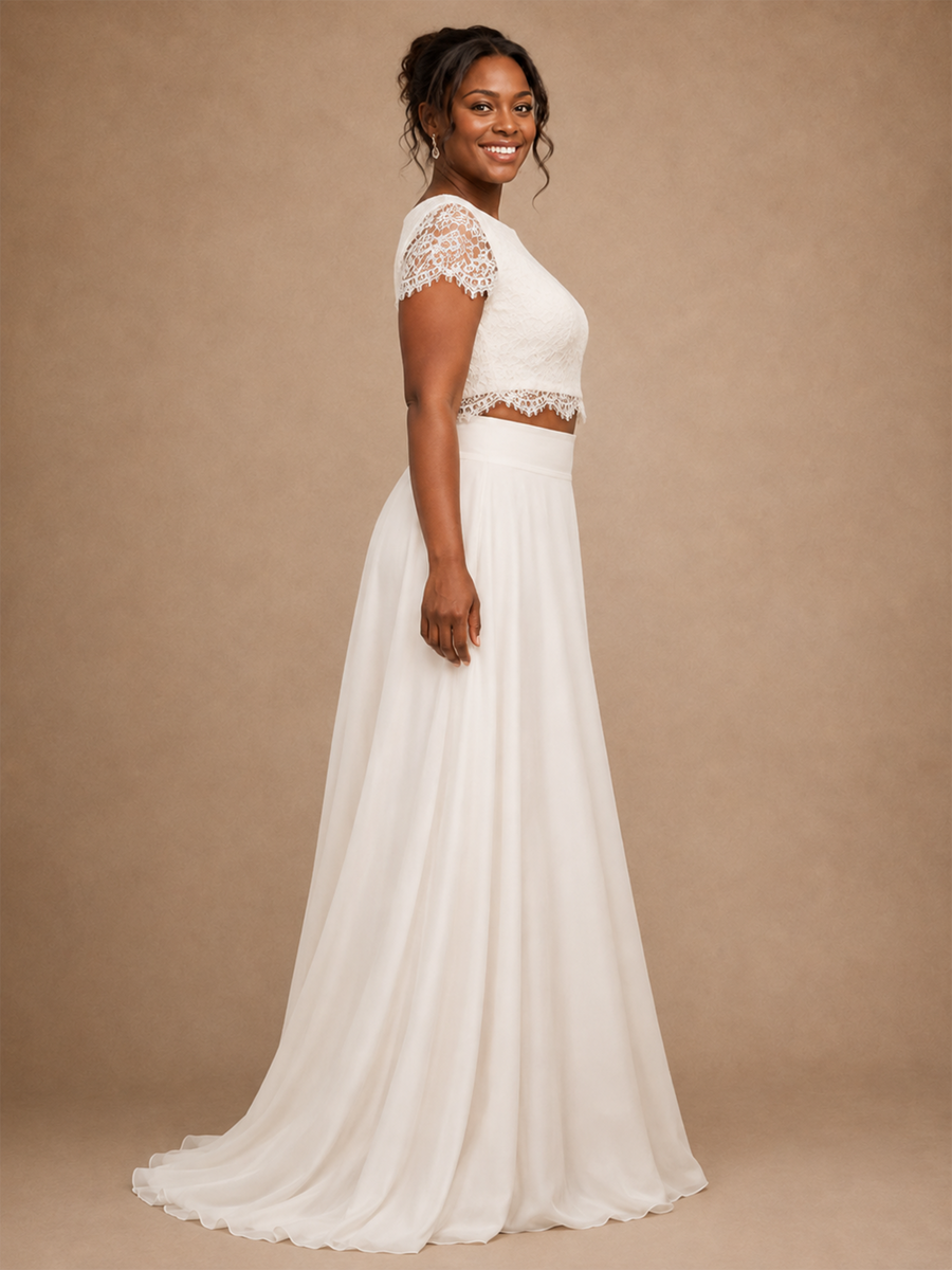 ChicSew Elegant Two Piece A-Line Bateau Short Sleeves Lace Chiffon Maxi Wedding Dress