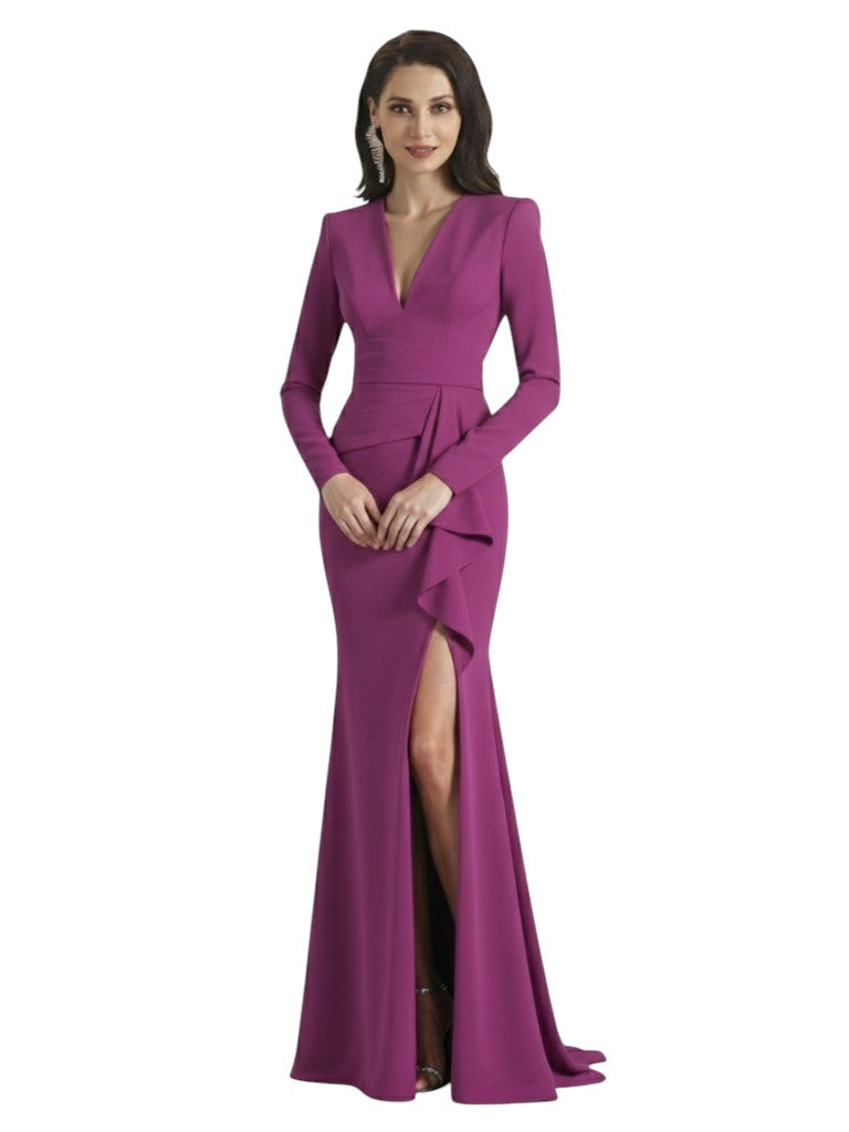 Elegant Long Sleeves Mermaid Side Slit Crepe Long Mother of The Bride dresses For Wedding