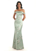 Trendy Off Shoulder Mermaid Floral Satin Maxi Floral Evening Formal Dresses