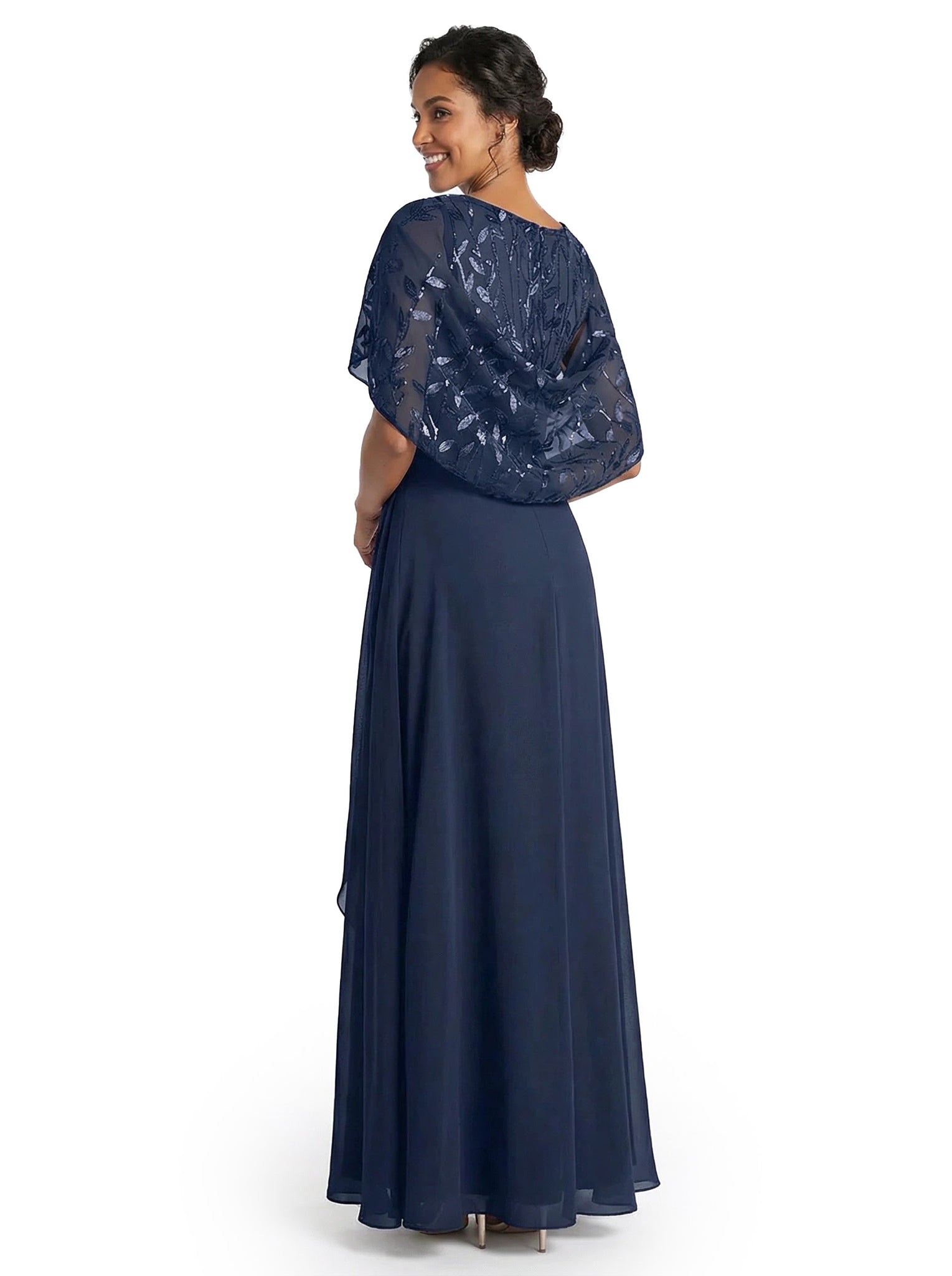 ChicSew Elegant Cape Sleeve Chiffon A-Line Mother Of The Groom Dress With Floral Lace Applique