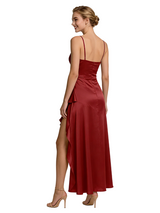 Unique High Low Ruffle Spaghetti Straps Asymmetrical Satin Prom Dress