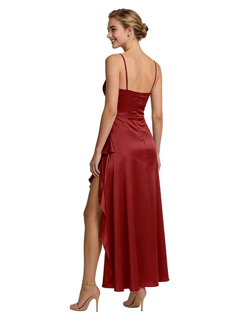 Unique High Low Ruffle Spaghetti Straps Asymmetrical Satin Prom Dress
