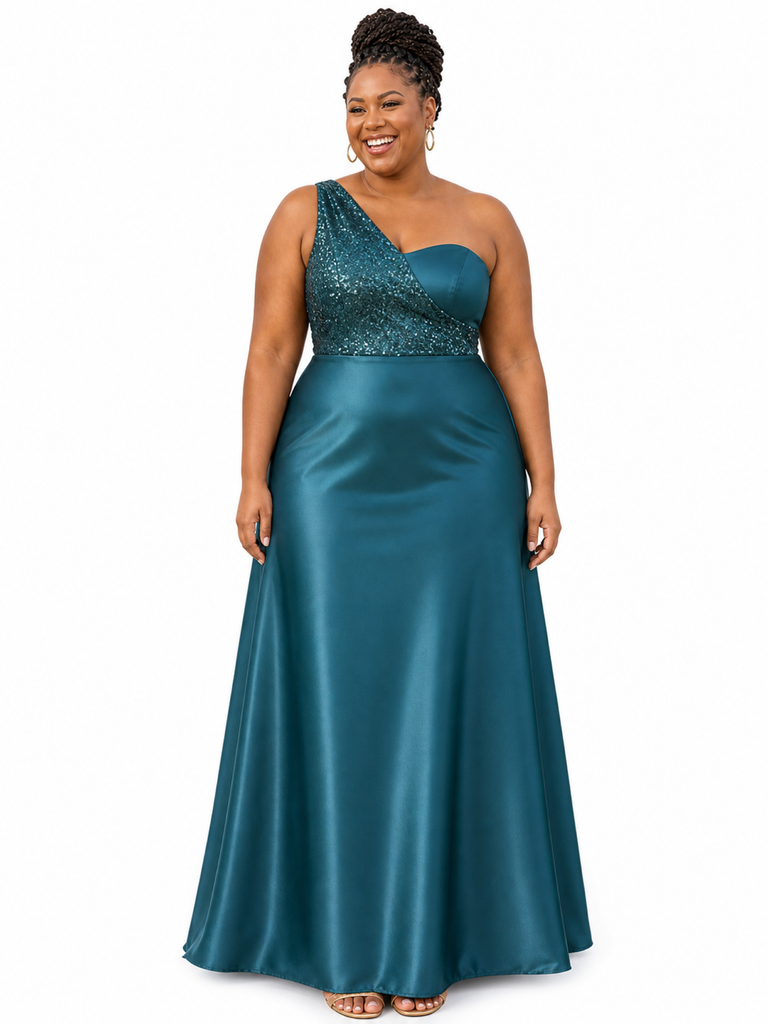 ChicSew Unique One Shoulder Sequin Soft Satin A-Line Floor-Length Bridesmaid Dresses