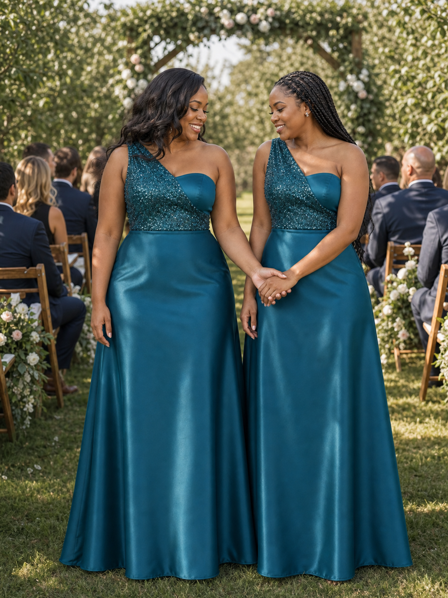ChicSew Unique One Shoulder Sequin Soft Satin A-Line Floor-Length Bridesmaid Dresses
