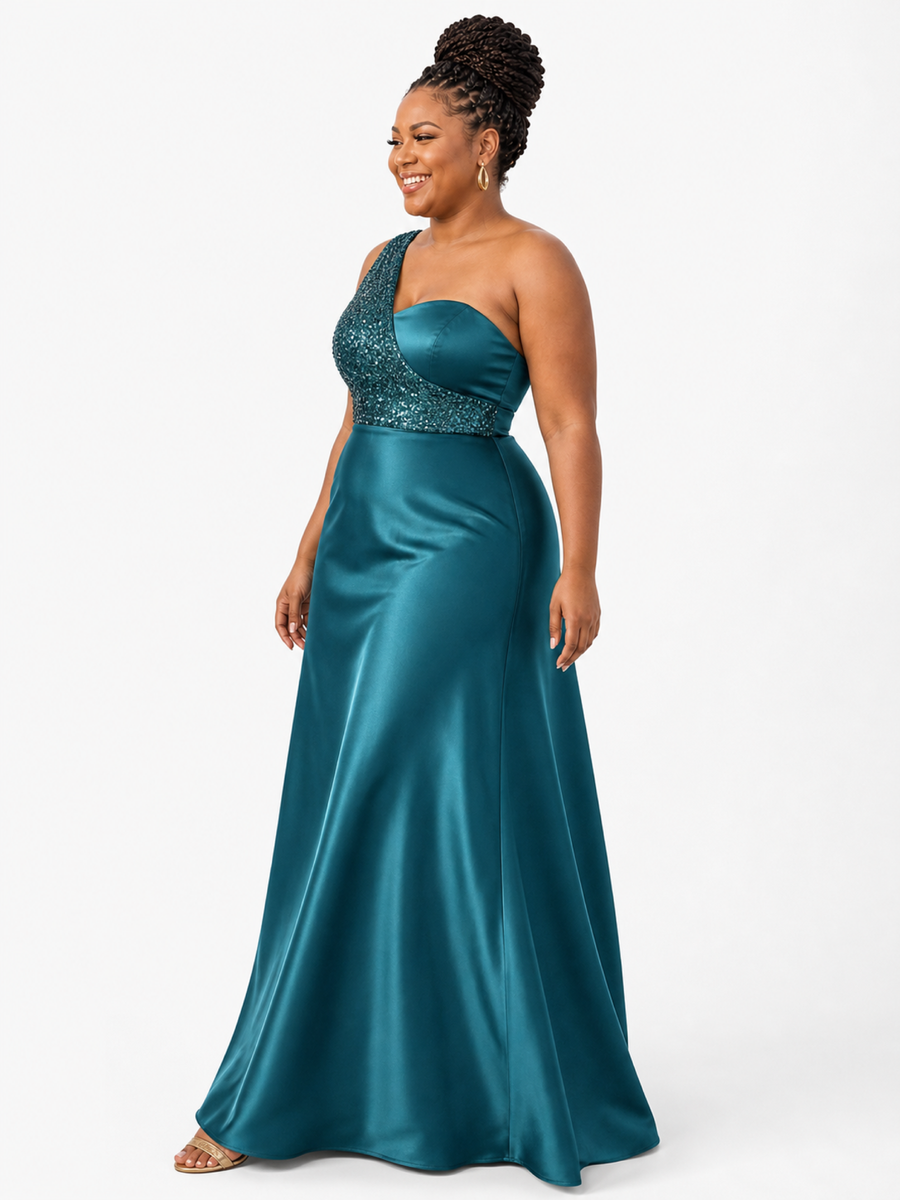 ChicSew Unique One Shoulder Sequin Soft Satin A-Line Floor-Length Bridesmaid Dresses