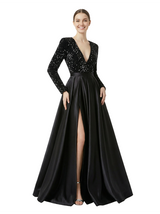 Chic Sequin Top V-Neck Long Sleeves Side Slit Satin A-Line Formal Prom Dress