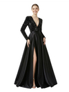 Chic Sequin Top V-Neck Long Sleeves Side Slit Satin A-Line Formal Prom Dress