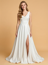 A-Line Cowl Neck Side Slit Satin Maxi Long Wedding Dresses Online