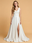 A-Line Spaghetti Straps V-Neck Side Slit Satin Maxi Long Wedding Dresses Online