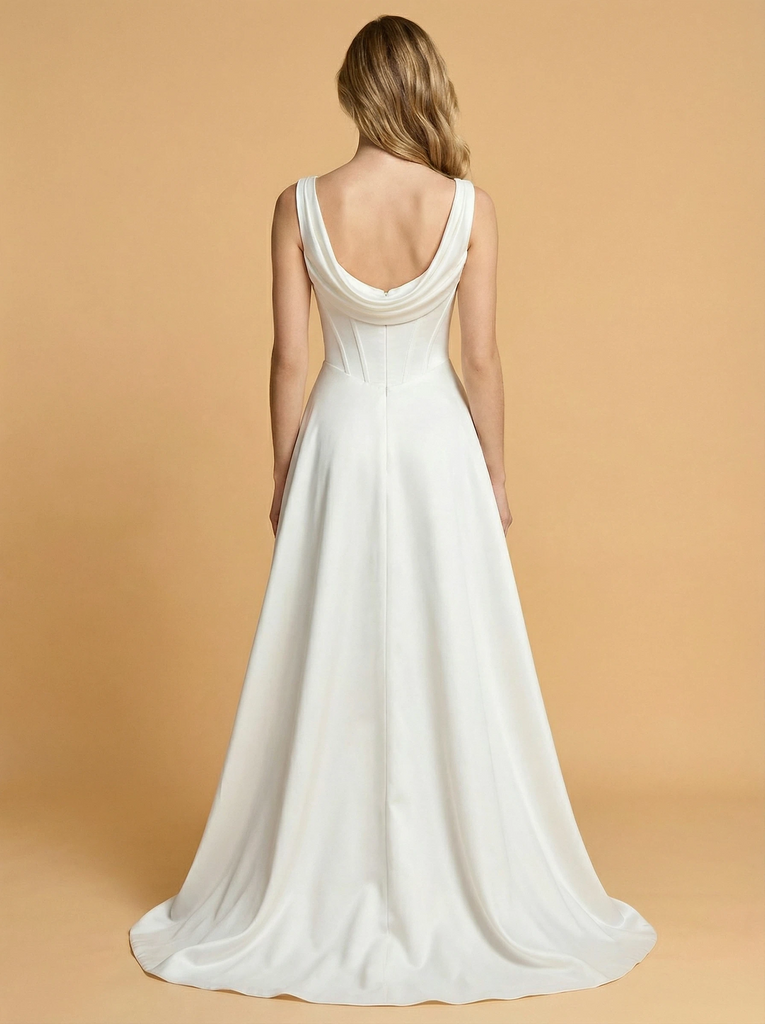 A-Line Spaghetti Straps V-Neck Side Slit Satin Maxi Long Wedding Dresses Online
