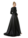 Chic Sequin Top V-Neck Long Sleeves Side Slit Satin A-Line Formal Prom Dress