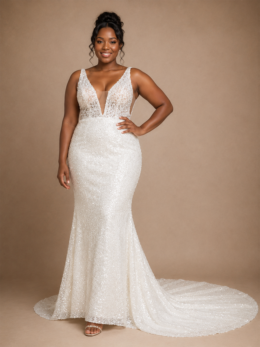 ChicSew Elegant V-Neck Spaghetti Straps Mermaid Sequin Floor-Length Wedding Dress