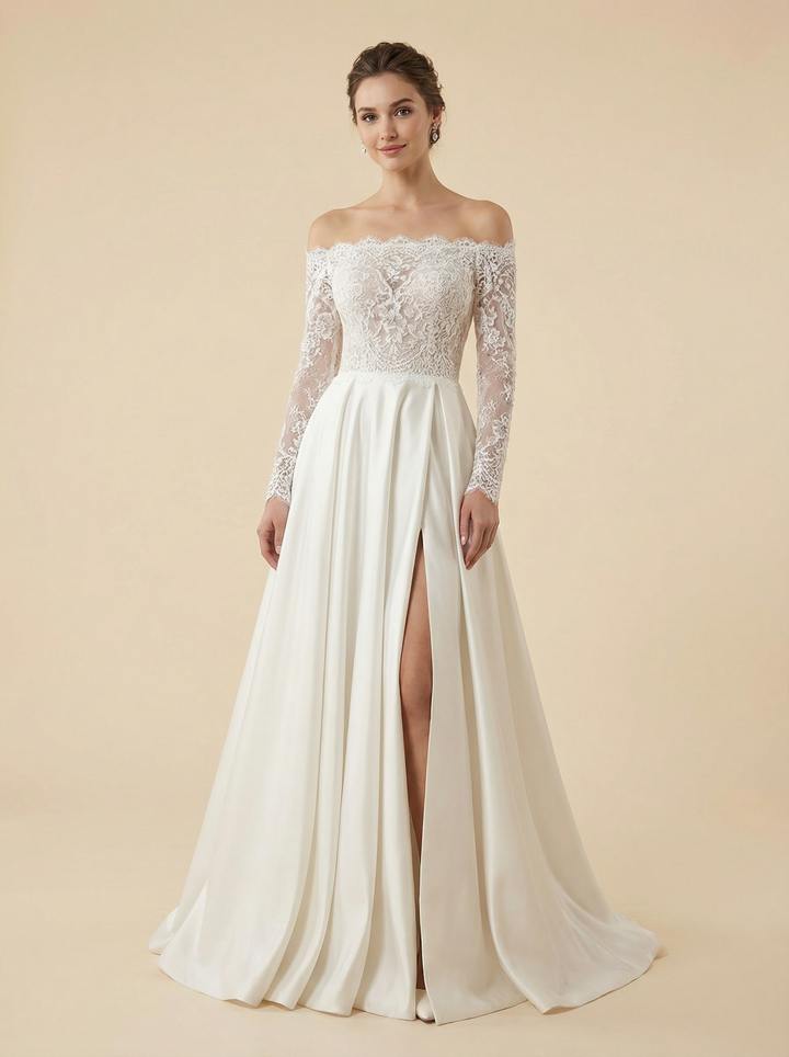 A-Line Off Shoulder Long Sleeves Lace And Satin Maxi Long Wedding Dresses Online
