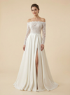 A-Line Off Shoulder Long Sleeves Lace And Satin Maxi Long Wedding Dresses Online