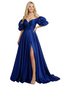 Elegant Puff Sleeves V-Neck Side Slit Satin Ruched A-Line Prom Dress