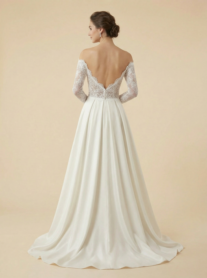 A-Line Off Shoulder Long Sleeves Lace And Satin Maxi Long Wedding Dresses Online