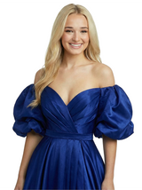Elegant Puff Sleeves V-Neck Side Slit Satin Ruched A-Line Prom Dress