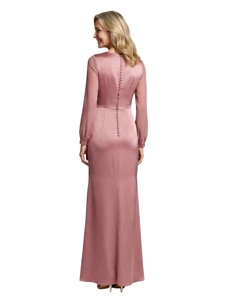 Classy Keyhole Neck Satin Long Sleeve Mother of the Groom Gown Slit