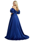 Elegant Puff Sleeves V-Neck Side Slit Satin Ruched A-Line Prom Dress