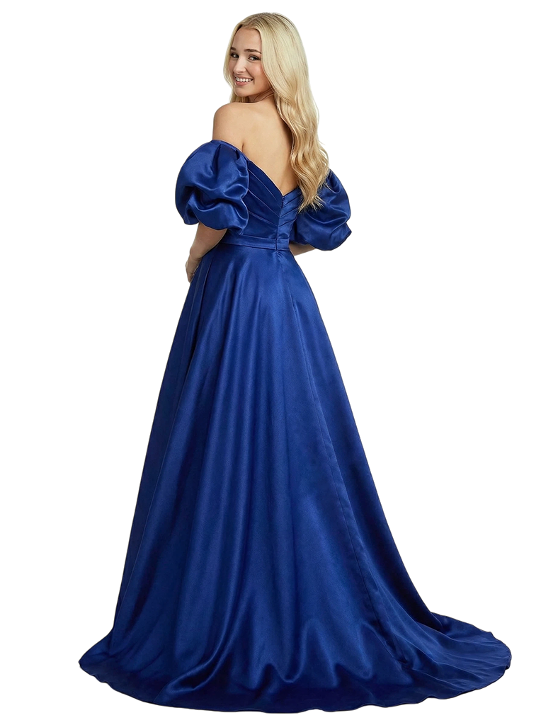 Elegant Puff Sleeves V-Neck Side Slit Satin Ruched A-Line Prom Dress