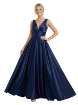 Classy V-Neck A-Line Floor-Length Ruched Satin Party Prom Gown