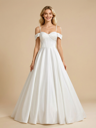 A-Line Cold Shoulder Sweetheart Satin Maxi Long Wedding Dresses Online