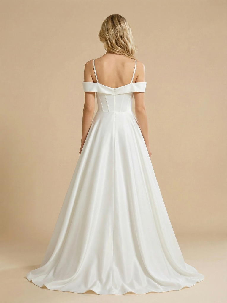A-Line Cold Shoulder Sweetheart Satin Maxi Long Wedding Dresses Online